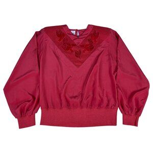 Philippe Marques Embroidered Blouse Women's 6 Pink Red Vintage 70s Shoulder Pads